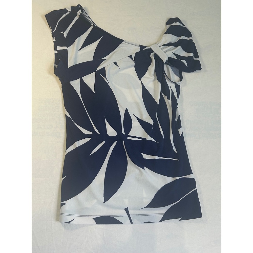 Banana Republic One Shoulder Tropical Leaf Print Bow Top Navy White XS